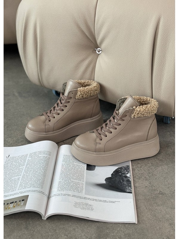 Жіночі шкіряні черевики Тедді (хутро) кавового кольору 35190