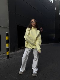 Жіночий худі з капюшоном на флiсi жовтого кольору 35202