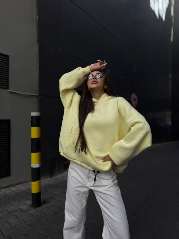 Жіночий худі з капюшоном на флiсi жовтого кольору 35202