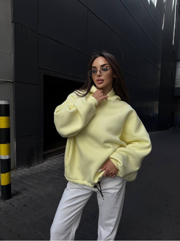 Жіночий худі з капюшоном на флiсi жовтого кольору 35202