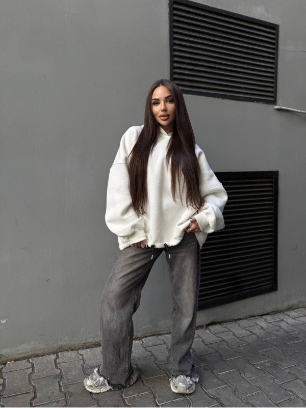 Жіночий худі з капюшоном на флiсi молочного кольору 35203