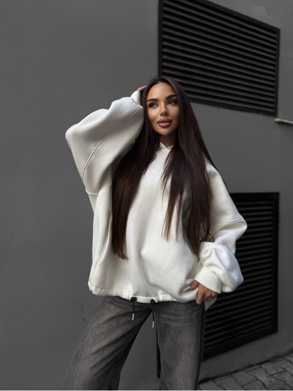 Жіночий худі з капюшоном на флiсi молочного кольору 35203