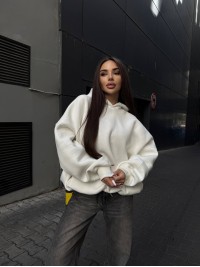 Жіночий худі з капюшоном на флiсi молочного кольору 35203