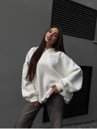 Жіночий худі з капюшоном на флiсi молочного кольору 35203