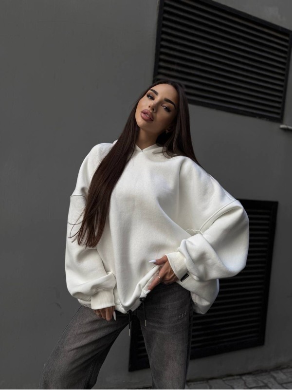 Жіночий худі з капюшоном на флiсi молочного кольору 35203