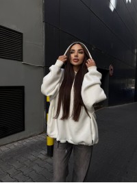 Жіночий худі з капюшоном на флiсi молочного кольору 35203