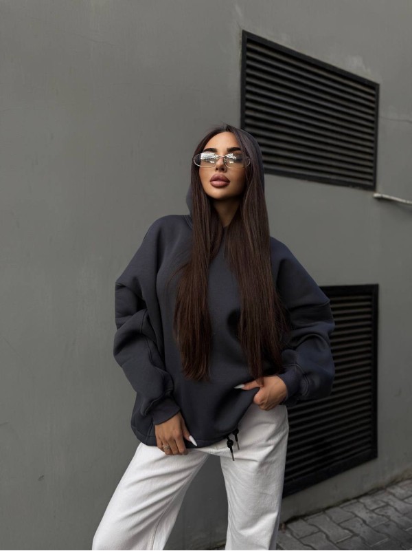 Жіночий худі з капюшоном на флiсi графiтового кольору 35204