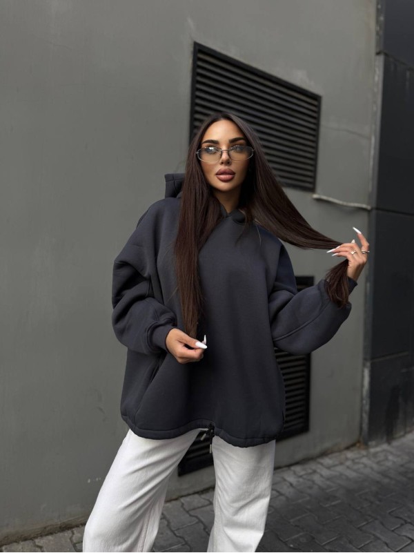 Жіночий худі з капюшоном на флiсi графiтового кольору 35204