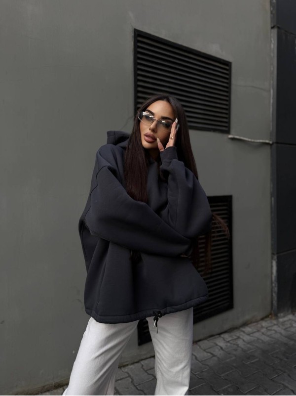 Жіночий худі з капюшоном на флiсi графiтового кольору 35204