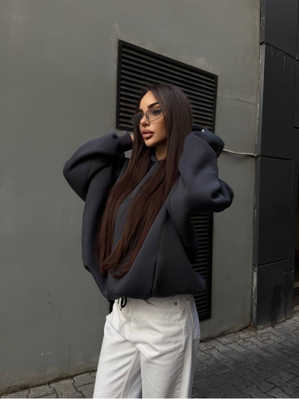 Жіночий худі з капюшоном на флiсi графiтового кольору 35204