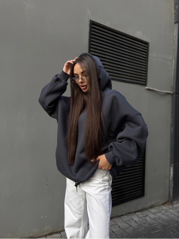 Жіночий худі з капюшоном на флiсi графiтового кольору 35204