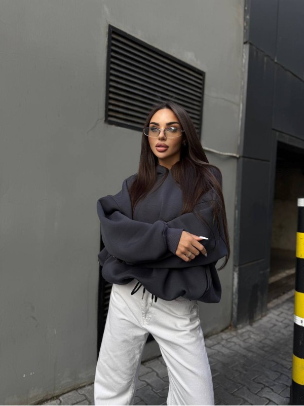 Жіночий худі з капюшоном на флiсi графiтового кольору 35204