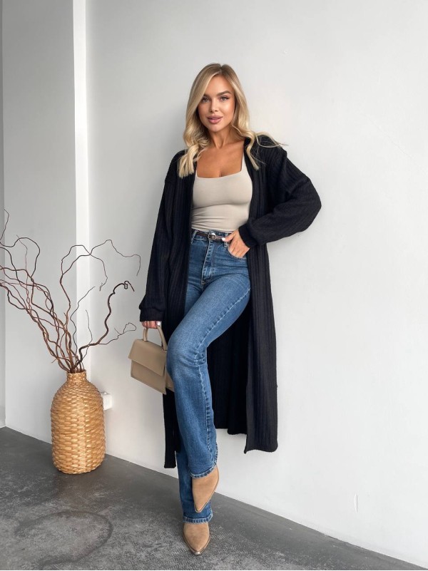 Жіночий довгий кардиган iз альпаки чорного кольору 35206