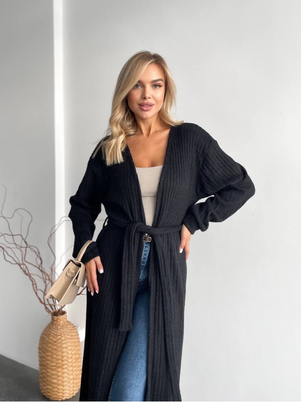 Жіночий довгий кардиган iз альпаки чорного кольору 35206