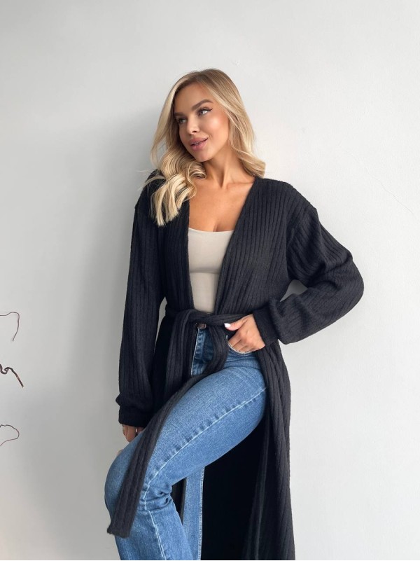 Жіночий довгий кардиган iз альпаки чорного кольору 35206