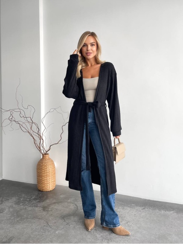 Жіночий довгий кардиган iз альпаки чорного кольору 35206