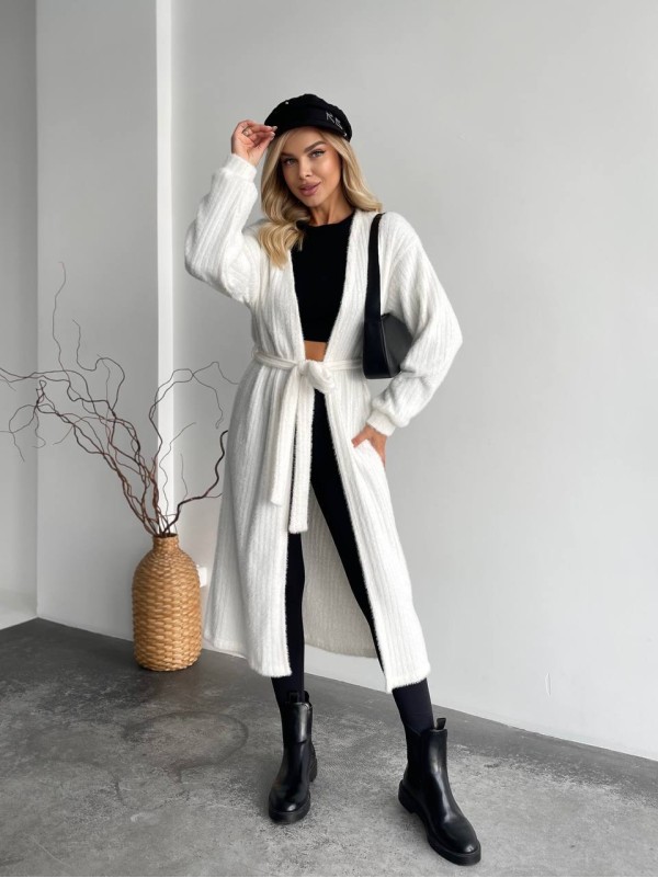 Жіночий довгий кардиган iз альпаки молочного кольору 35208