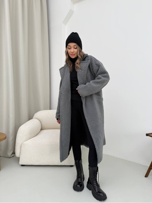Жіноче тепле пальто з букле сiрого кольору 35209