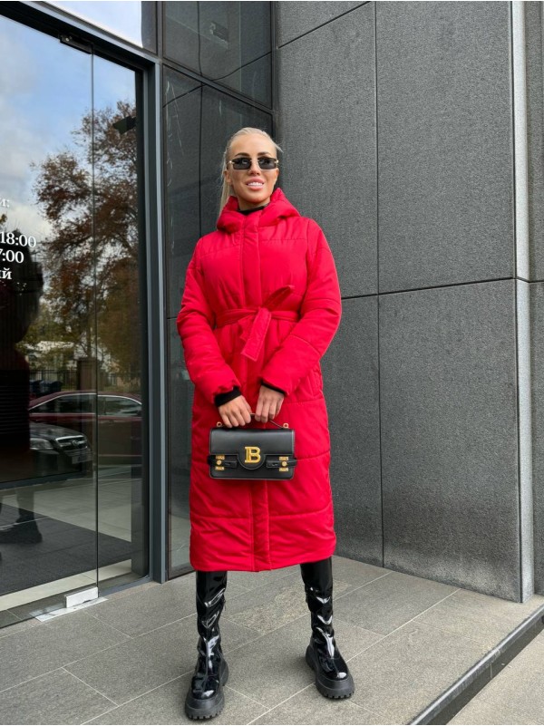 Жіноче зимове пальто-пуховик червоного кольору 35215