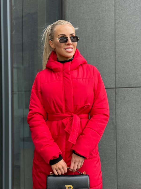 Жіноче зимове пальто-пуховик червоного кольору 35215