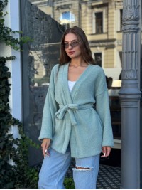 Жіночий кардиган iз альпаки з поясом м'ятного кольору 35234