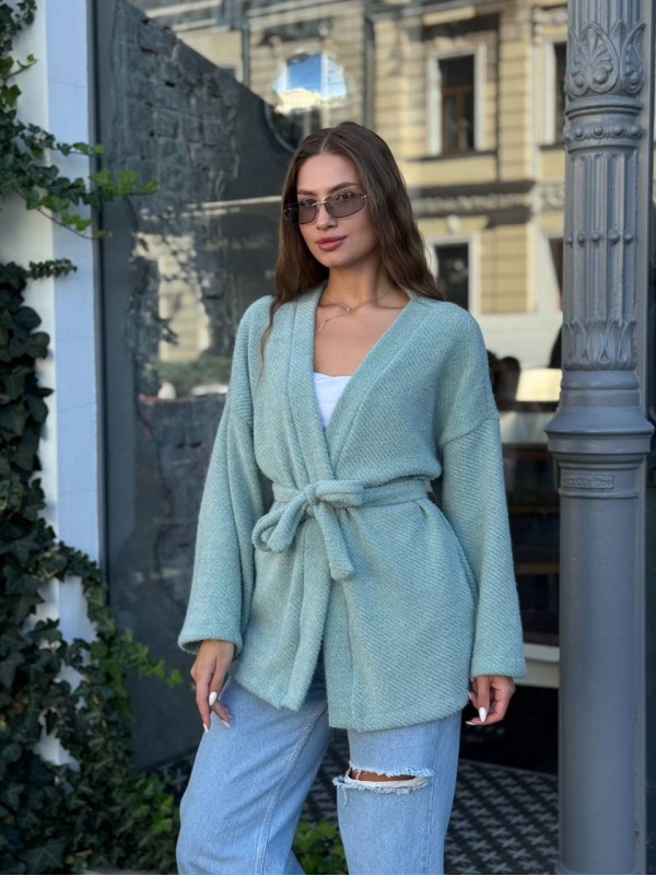 Жіночий кардиган iз альпаки з поясом м'ятного кольору 35234