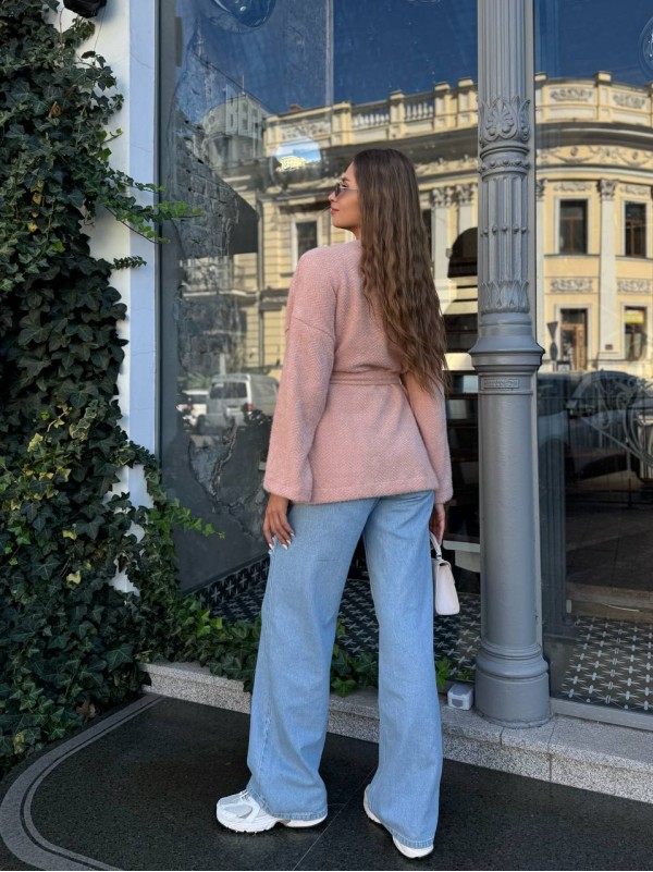 Жіночий кардиган iз альпаки з поясом пудрового кольору 35235