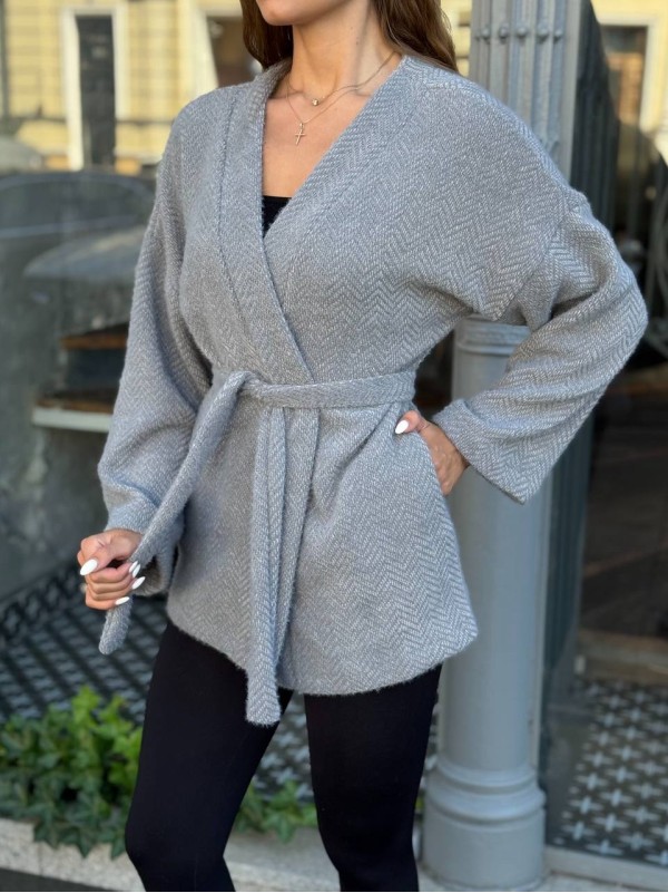 Жіночий кардиган iз альпаки з поясом сiрого кольору 35238