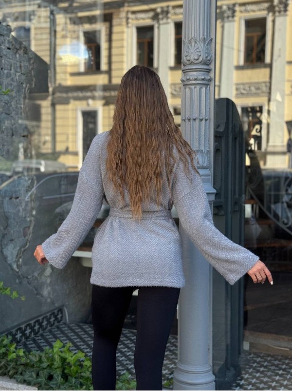 Жіночий кардиган iз альпаки з поясом сiрого кольору 35238