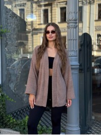 Жіночий кардиган iз альпаки з поясом кавового кольору 35239
