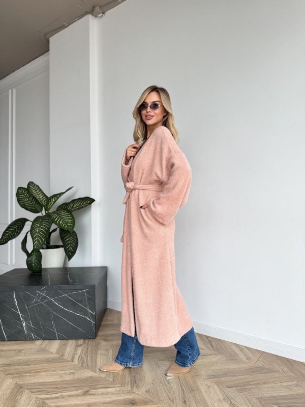 Жіночий довгий кардиган з поясом та кишенями пудрового кольору 35241