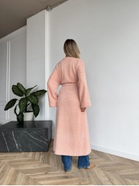 Жіночий довгий кардиган з поясом та кишенями пудрового кольору 35241