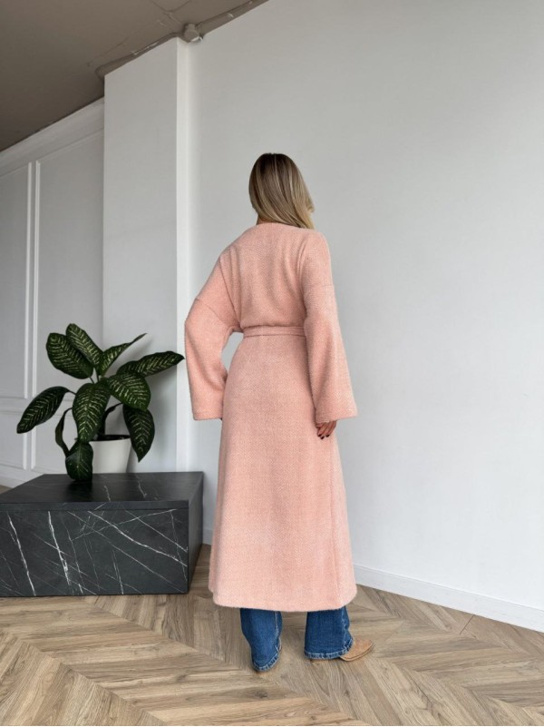 Жіночий довгий кардиган з поясом та кишенями пудрового кольору 35241