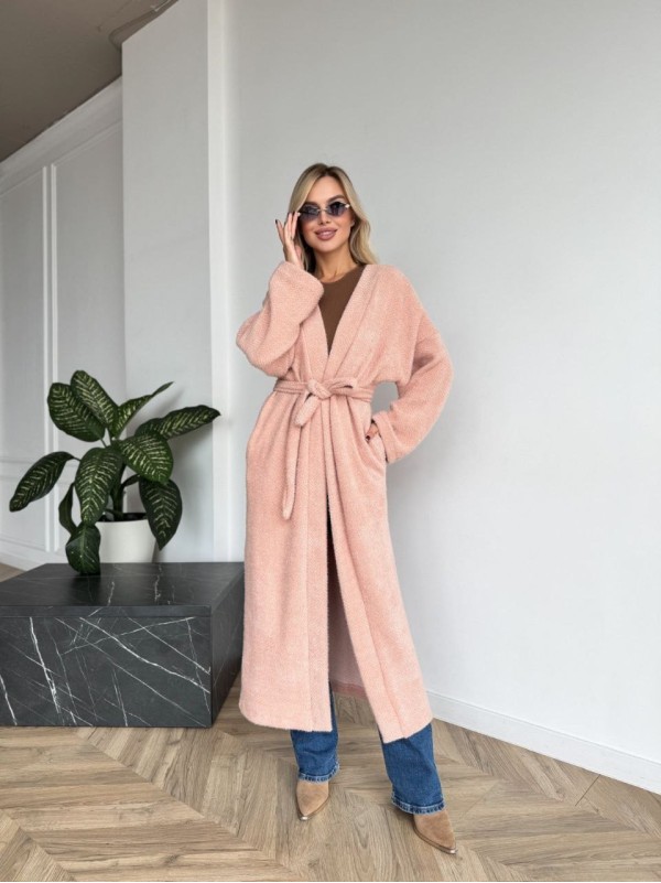 Жіночий довгий кардиган з поясом та кишенями пудрового кольору 35241