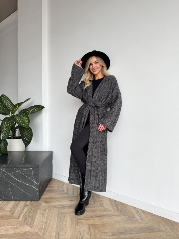 Жіночий довгий кардиган з поясом та кишенями чорно-бiлого кольору 35242