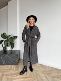 Жіночий довгий кардиган з поясом та кишенями чорно-бiлого кольору 35242