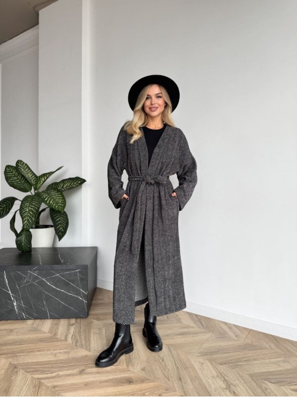 Жіночий довгий кардиган з поясом та кишенями чорно-бiлого кольору 35242