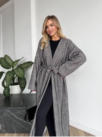 Жіночий довгий кардиган з поясом та кишенями графiтового кольору 35243