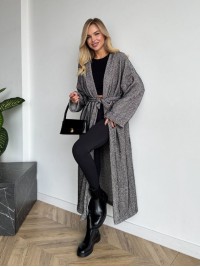 Жіночий довгий кардиган з поясом та кишенями графiтового кольору 35243