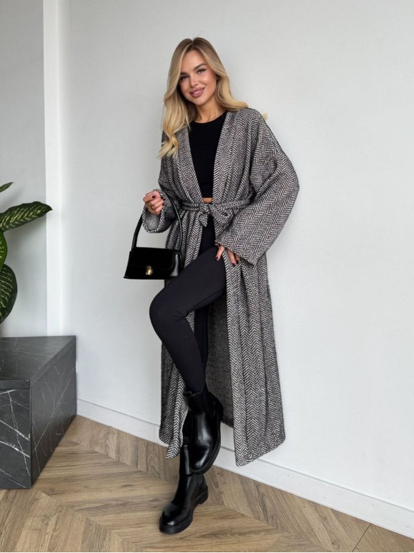 Жіночий довгий кардиган з поясом та кишенями графiтового кольору 35243