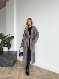 Жіночий довгий кардиган з поясом та кишенями графiтового кольору 35243