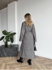 Жіночий довгий кардиган з поясом та кишенями графiтового кольору 35243