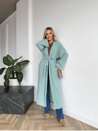 Жіночий довгий кардиган з поясом та кишенями м'ятного кольору 35244