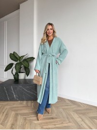 Жіночий довгий кардиган з поясом та кишенями м'ятного кольору 35244