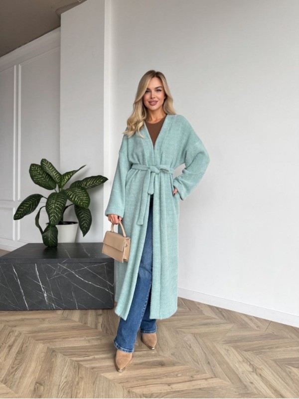 Жіночий довгий кардиган з поясом та кишенями м'ятного кольору 35244