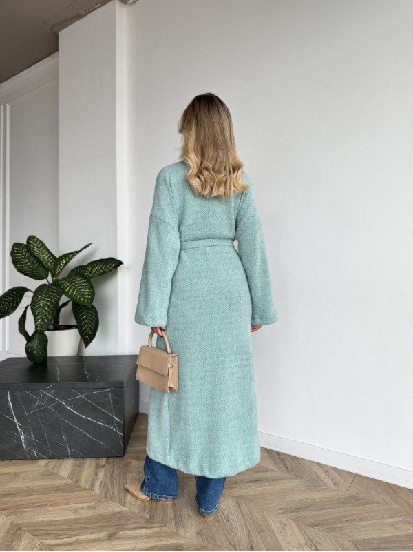 Жіночий довгий кардиган з поясом та кишенями м'ятного кольору 35244