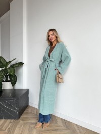 Жіночий довгий кардиган з поясом та кишенями м'ятного кольору 35244