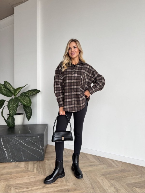 Жіноча фланелева сорочка в клітинку коричневого кольору 35245