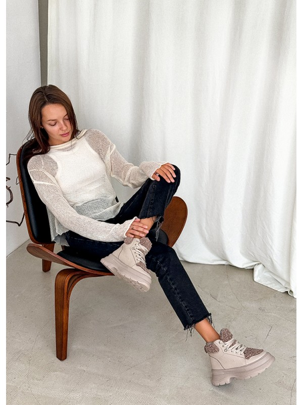 Жіночі шкіряні черевики Тедді на шнурівці (хутро) кавового кольору 35249