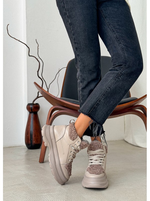 Жіночі шкіряні черевики Тедді на шнурівці (хутро) кавового кольору 35249